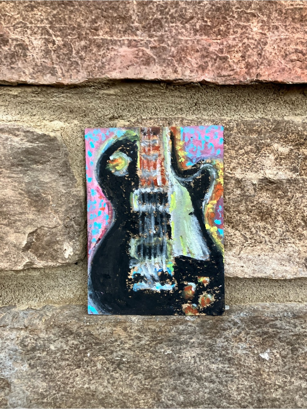 Black Guitar Mini Canvas Painting with Colorful Accents - Picture 3 of 3